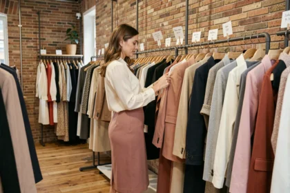 Femme élégante faisant du shopping dans une boutique de prêt-à-porter féminin à Toulouse avec vêtements sur cintres et décor en briques apparentes