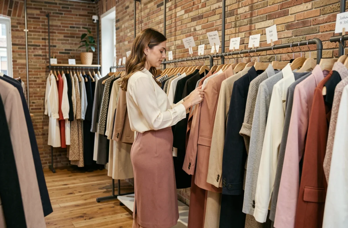 Femme élégante faisant du shopping dans une boutique de prêt-à-porter féminin à Toulouse avec vêtements sur cintres et décor en briques apparentes