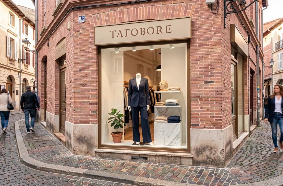 Vitrine d'une boutique de mode féminine sur une rue pavée du centre historique de Toulouse avec mannequin habillé et façade en briques roses